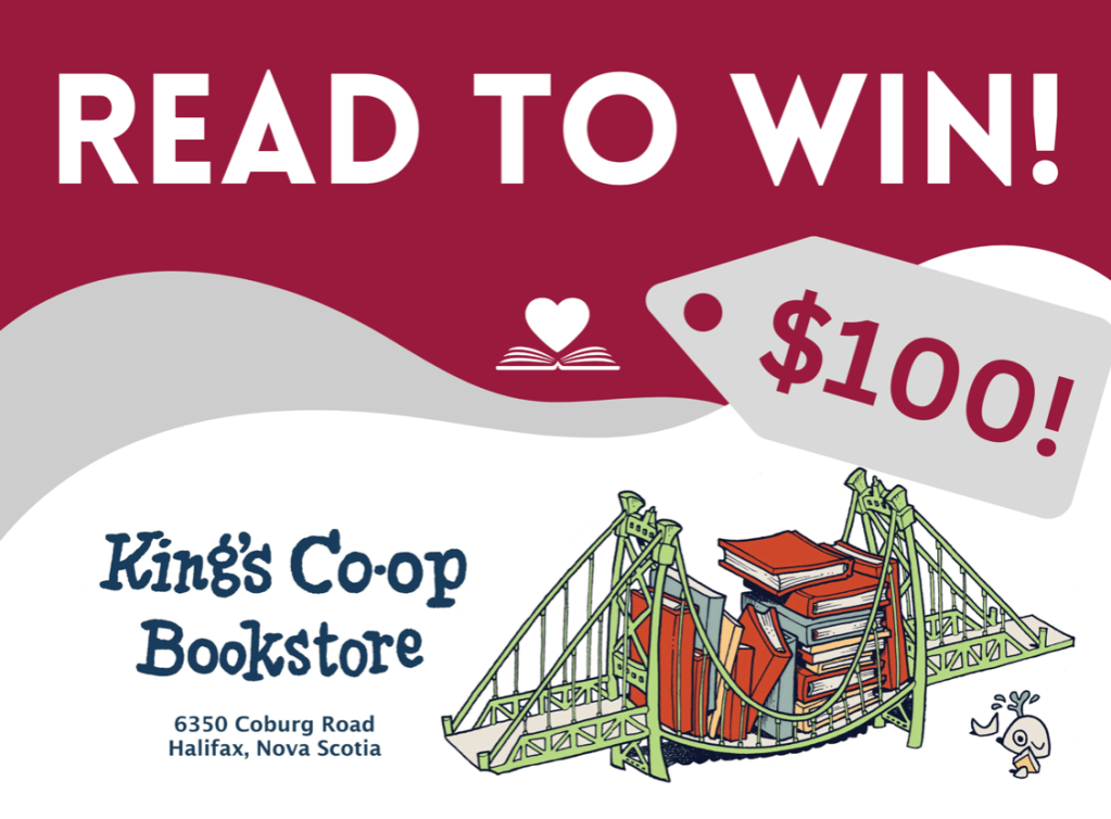 Burgundy graphic with white title saying "Read to win!" and logo for the King's Co-op Bookstore